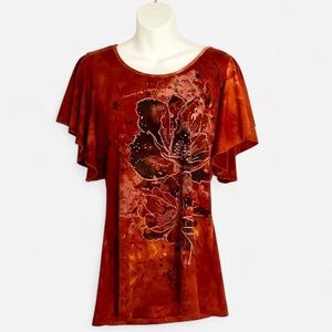 Shannon Ford New York Burnt Orange Floral Flutter-Sleeve Blouse, Rhinestones